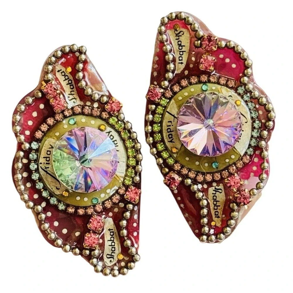 VTG Earrings Austrian Crystal rhinestone Rivoli clip Chunky Sparkly‎ Statement